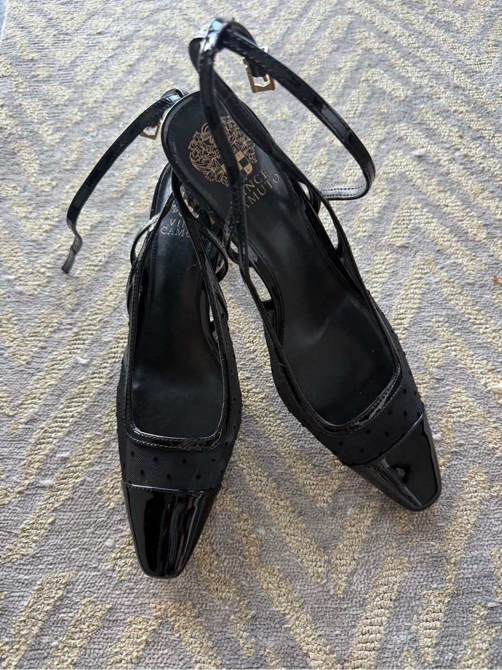 Vince Camuto Black Patent Slingback Pumps with Mesh Detail